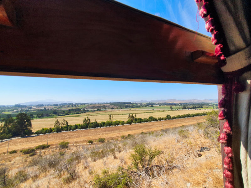 Vista de campos cultivados y parte de la ventana del coche de primera clase del Tren de Recuerdo con destino a San Antonio - Foto de Andrea Hoare Madrid