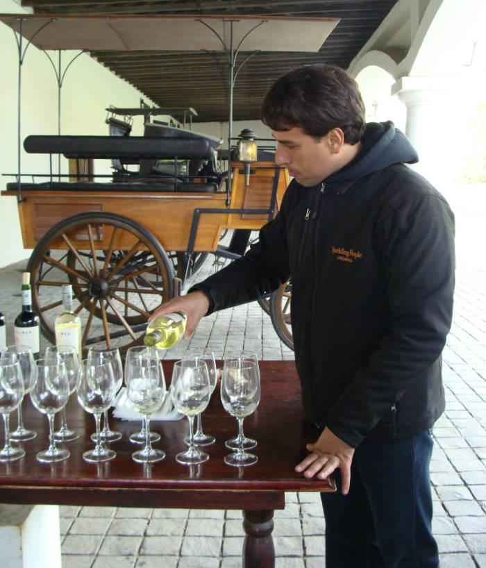 Guía sirviendo vinos en las copas durante una desgutación - Foto de AHM
